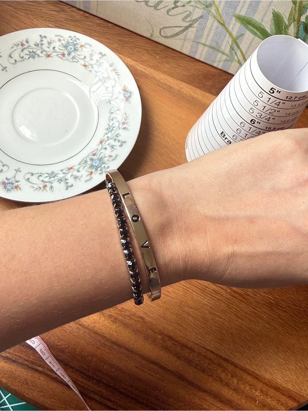 Love Engraved Gold Bracelet bangle with Black Crystal stretch bracelet